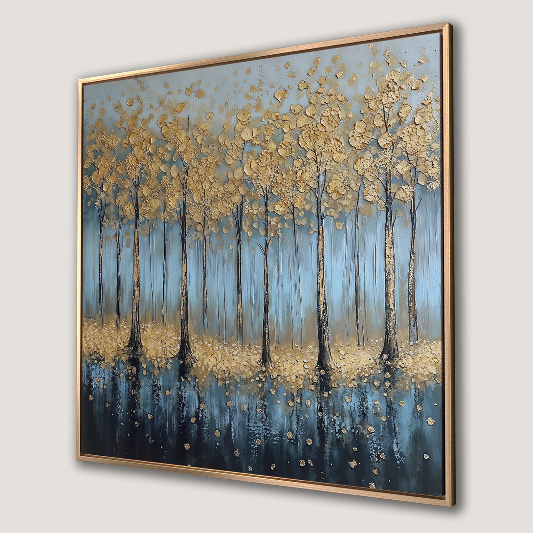 Framed Wall Art of an abstract forest scene in gold and teal. Textured, modern style Canvas Print for a stylish home.