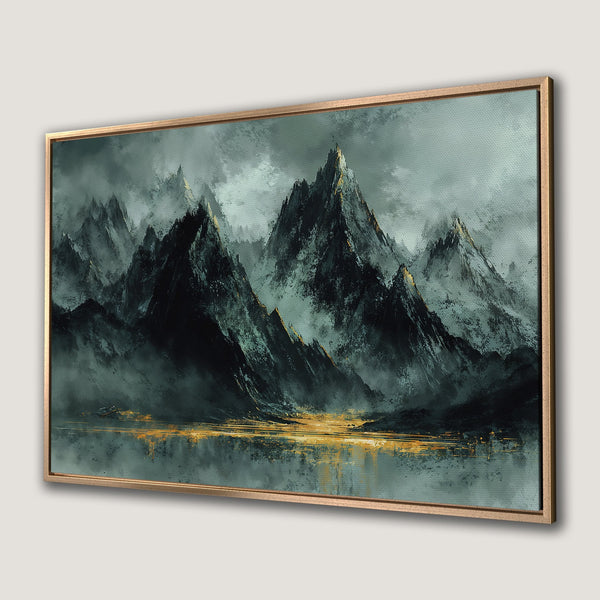 Framed Wall Art: Abstract mountain landscape canvas print in moody teal and gold tones. Perfect for modern home decor.