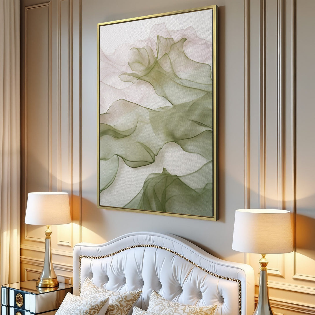 Abstract Canvas Print art in a modern living room. Soft green and pink hues create a calming aesthetic. Enhance your space with this beautiful wall art.