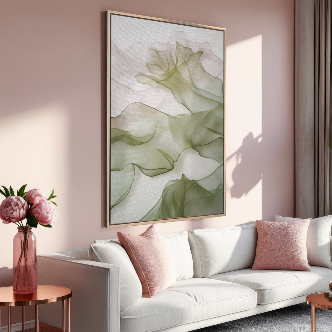 Framed Wall Art featuring abstract green and white art. Modern decor in a blush pink interior. Shop Canvas Prints for stylish home accents.