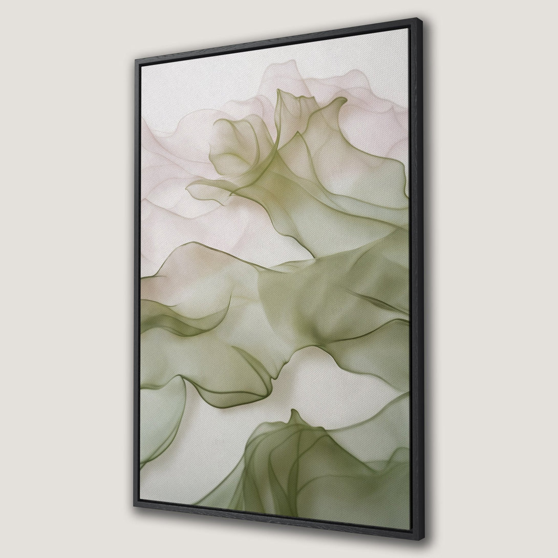 Framed Wall Art featuring abstract green and blush ink flow design. Modern canvas print for a stylish home. Soft color palette, perfect for any room.