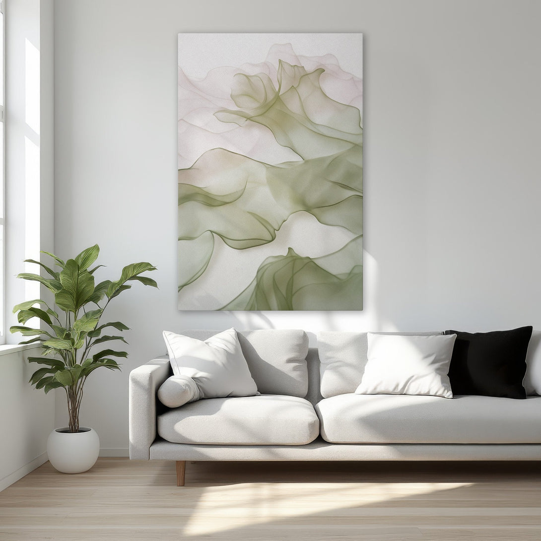 Framed Wall Art featuring abstract green & blush watercolor design. Modern canvas print adds a touch of elegance to any interior with its neutral color palette.