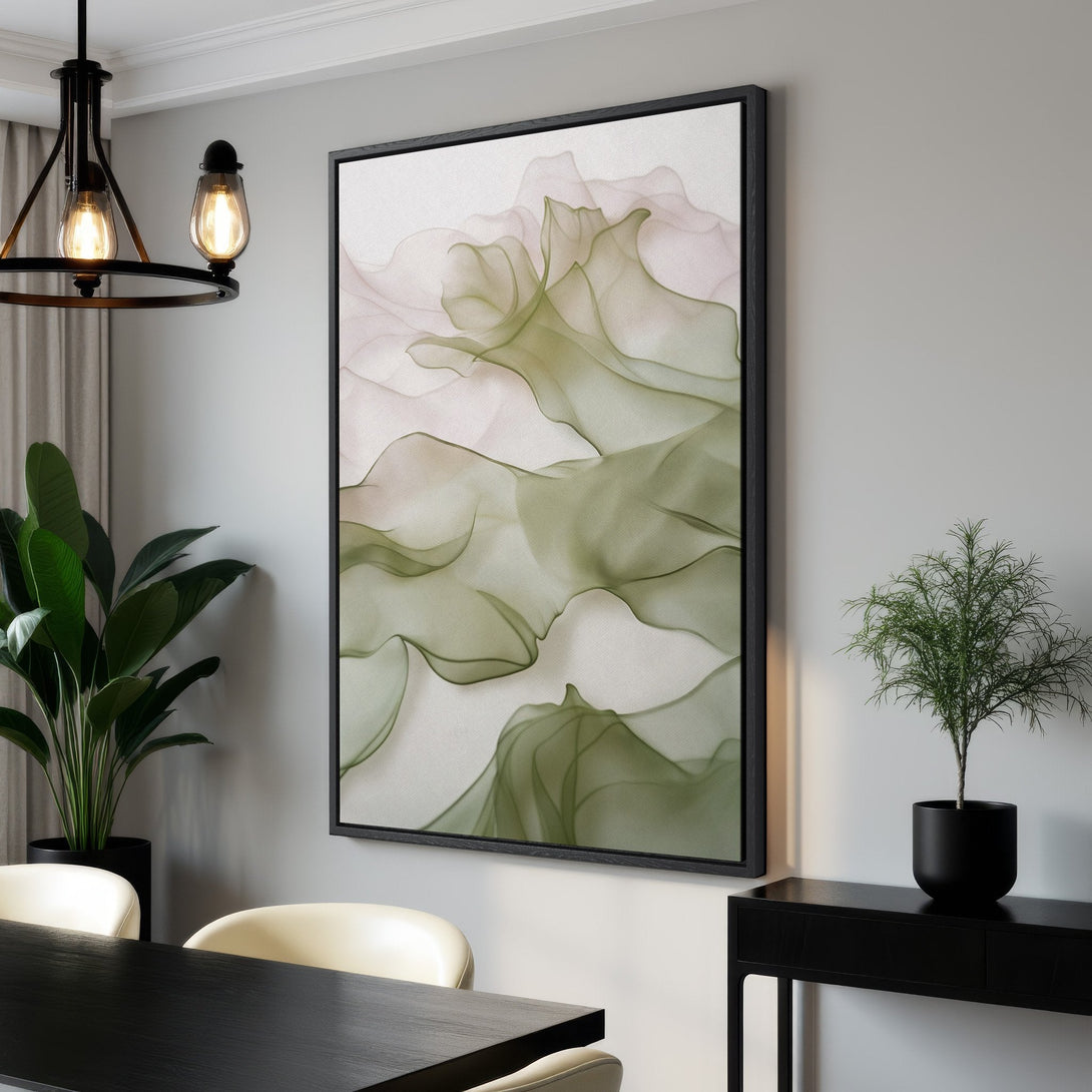 Framed Wall Art: Abstract green and blush artwork canvas print. Modern style, perfect for adding a touch of elegance to your home decor.