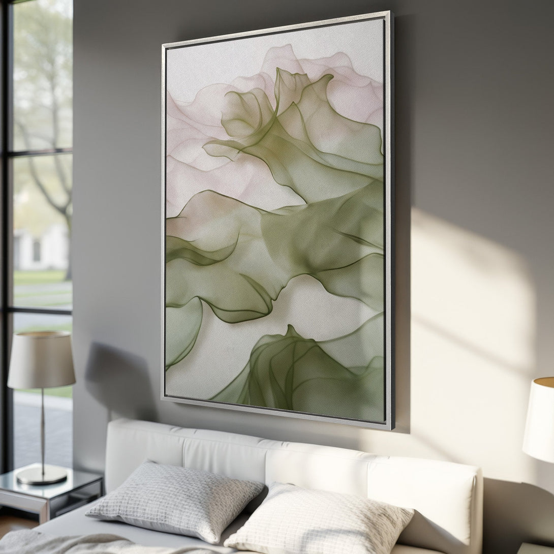 Framed Wall Art featuring abstract green and pink watercolor design. Modern Canvas Print in a bedroom setting. Elevate your space with elegant wall decor.