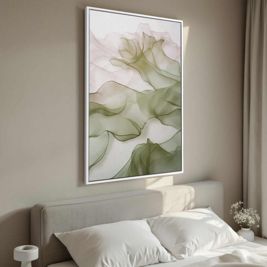 Framed Wall Art: Abstract green and pink watercolor canvas print in a bedroom. Modern art with a neutral color palette, perfect for home decor.