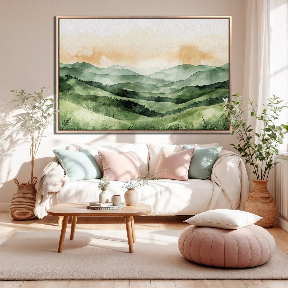 Framed Wall Art: Watercolor landscape print in green and gold hues. Perfect for adding a touch of nature-inspired art to your living room.