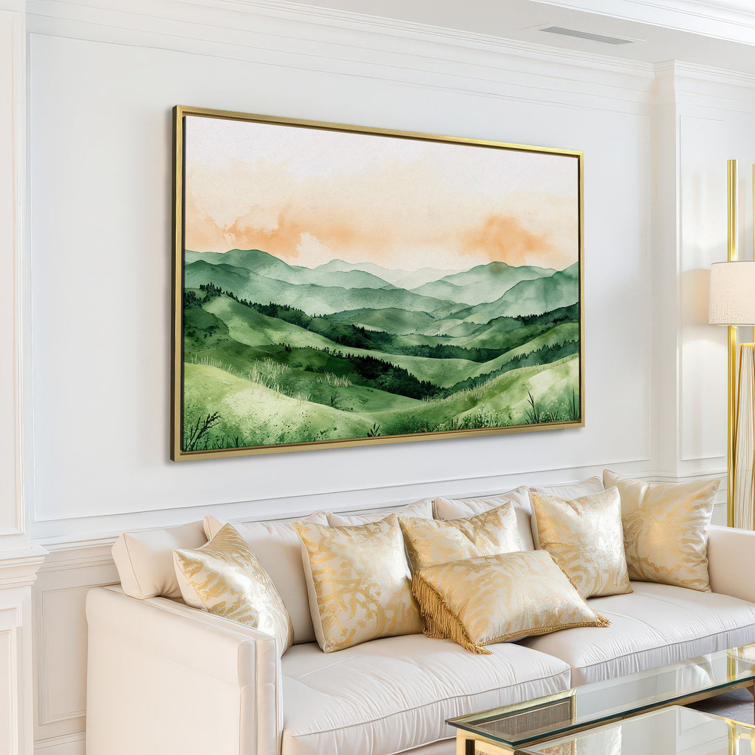 Canvas Print of a watercolor landscape painting in green and gold tones, perfect for adding a touch of nature to your home decor.