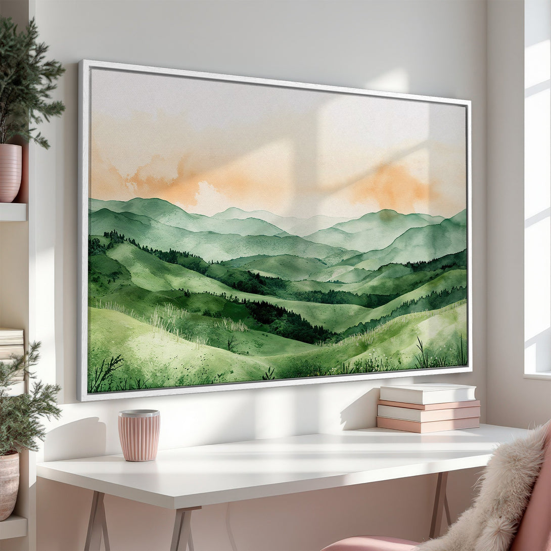 Framed Wall Art: Watercolor landscape Canvas Print with green hills and orange sky. Modern art for home decor, adds a calming aesthetic.