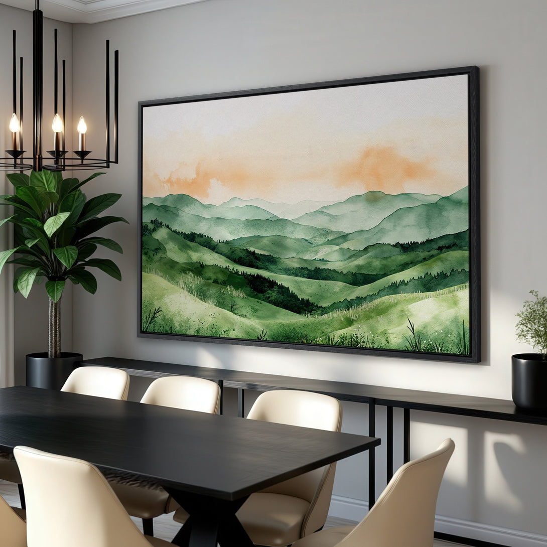 Framed Wall Art: Watercolor landscape Canvas Print in green and orange hues. Perfect for adding a touch of nature-inspired art to your home decor.