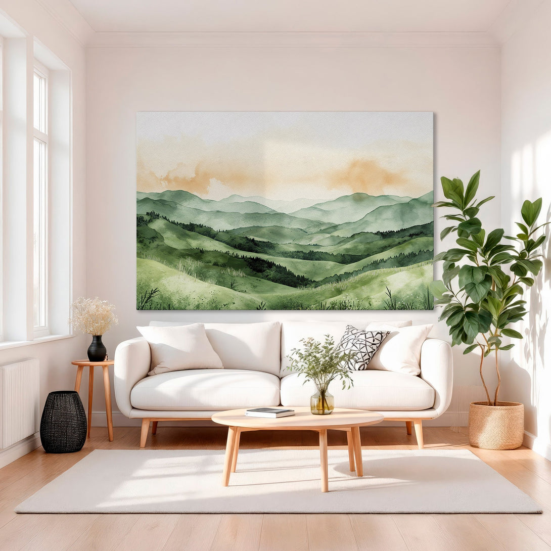 Framed Wall Art: Watercolor landscape Canvas Print in green and orange hues. Modern art for living room decor.