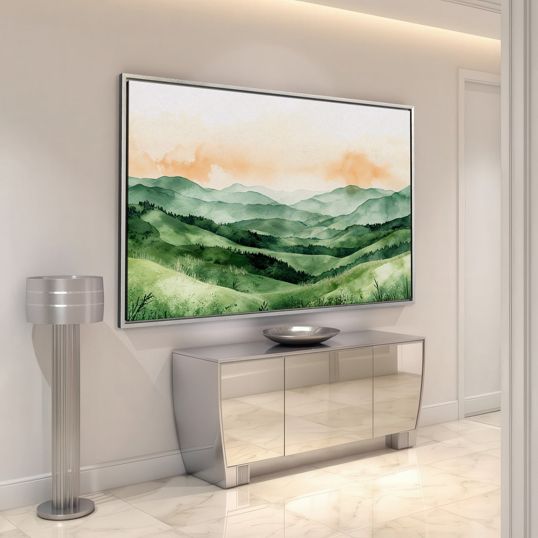 Framed Wall Art: Watercolor landscape Canvas Print in green and orange hues, perfect for adding a touch of nature to your home decor.