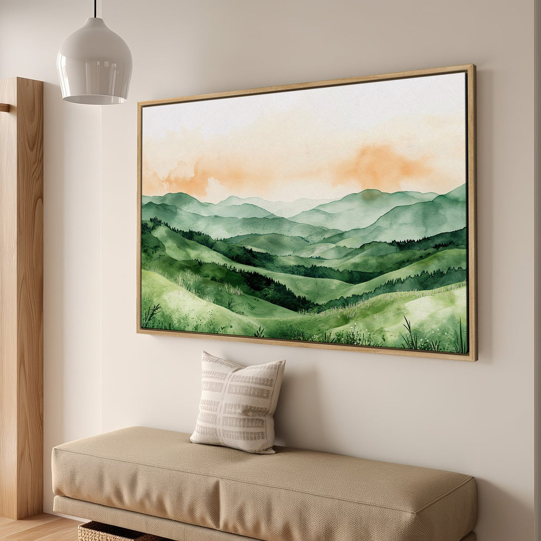 Framed Wall Art: Watercolor landscape Canvas Print in green and orange hues, perfect for adding a touch of nature to your home decor.