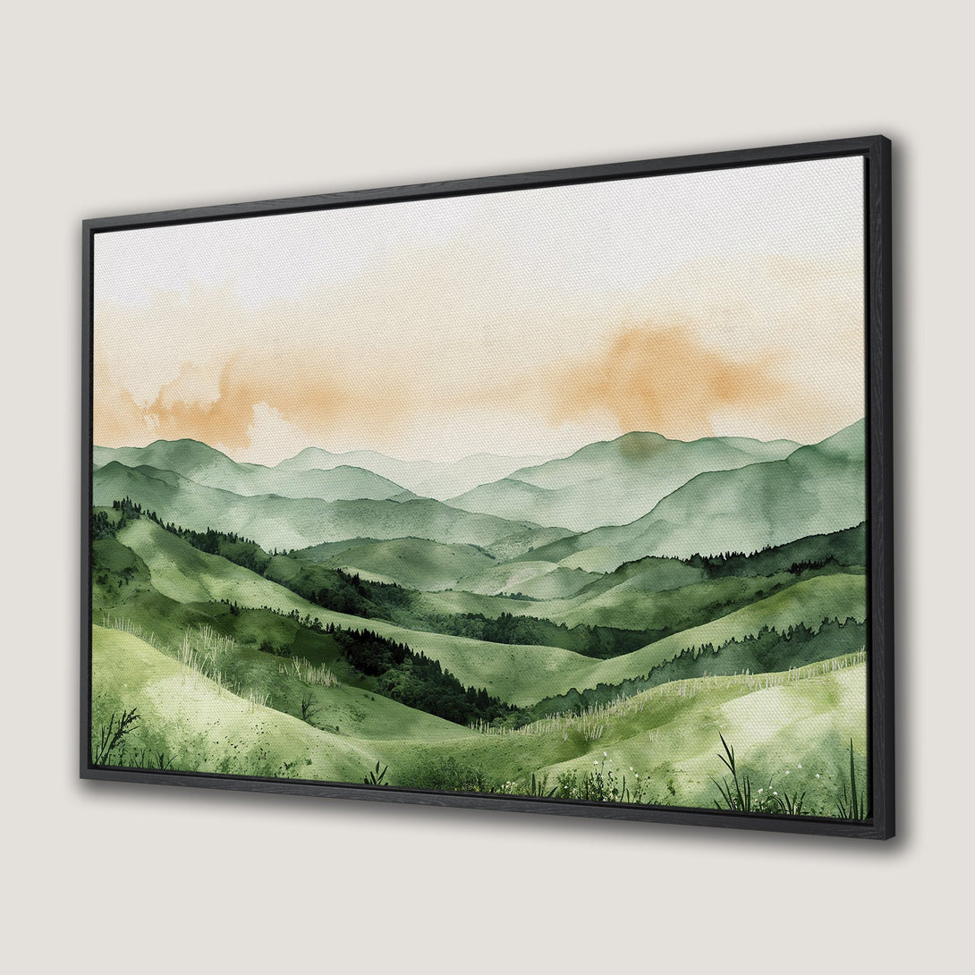 Framed Wall Art: Watercolor landscape Canvas Print featuring rolling green hills with a soft, warm color palette. Bring nature's beauty into your home!