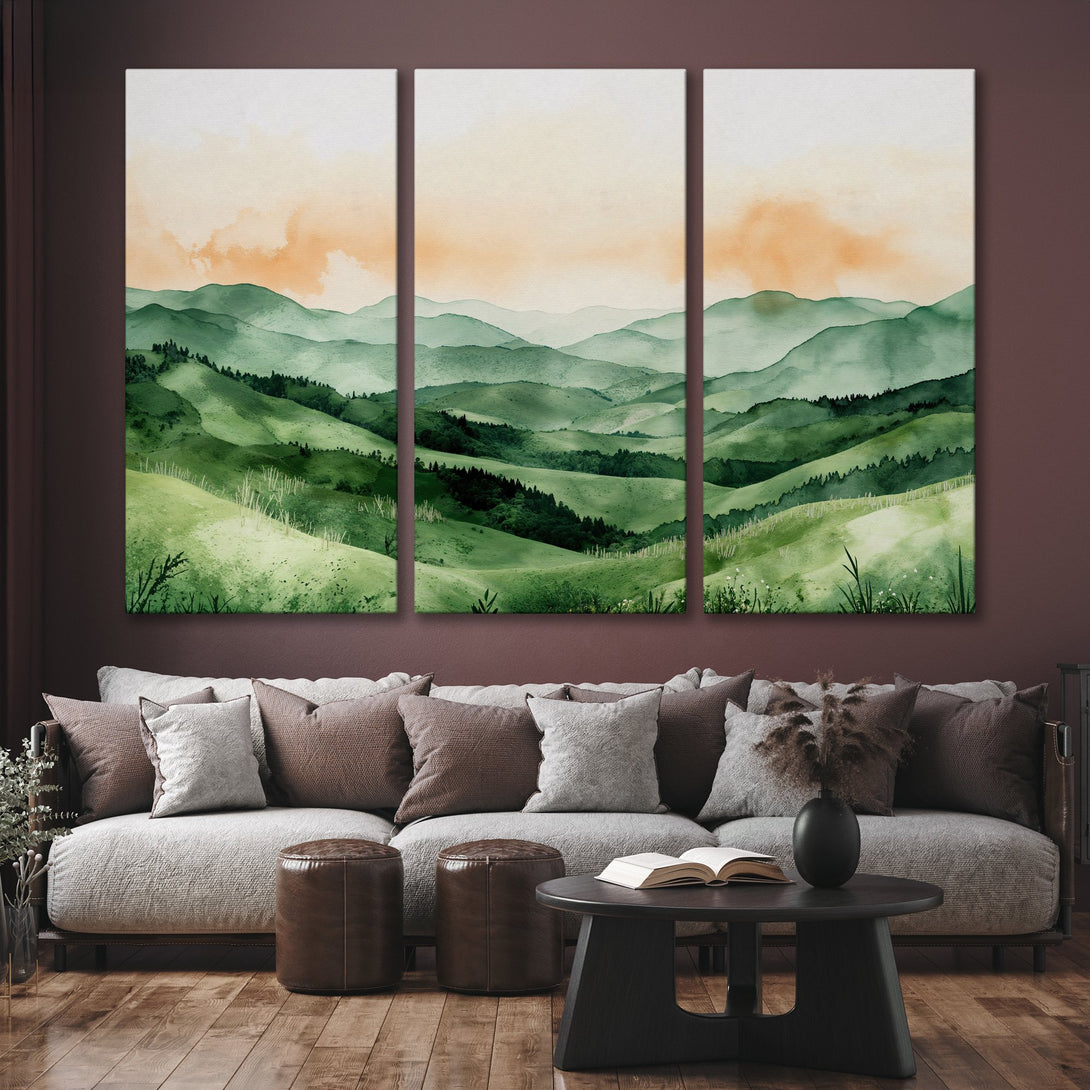 Canvas Print of watercolor landscape art in green and orange hues, perfect for adding a touch of nature-inspired elegance to any room.