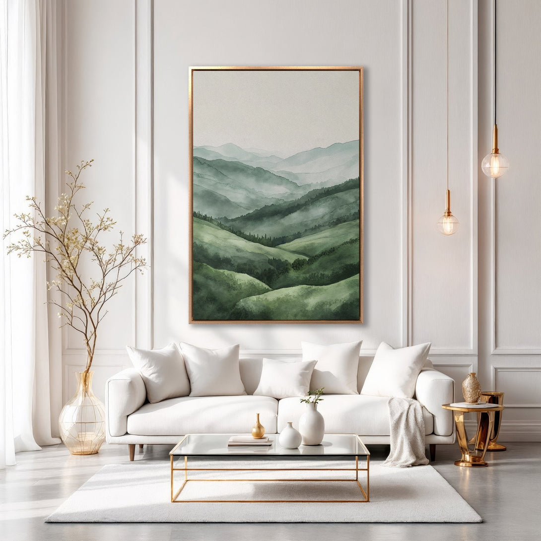 Framed Wall Art: Watercolor landscape canvas print in green tones. Modern art for living room decor. Elevate your space with this serene artwork.