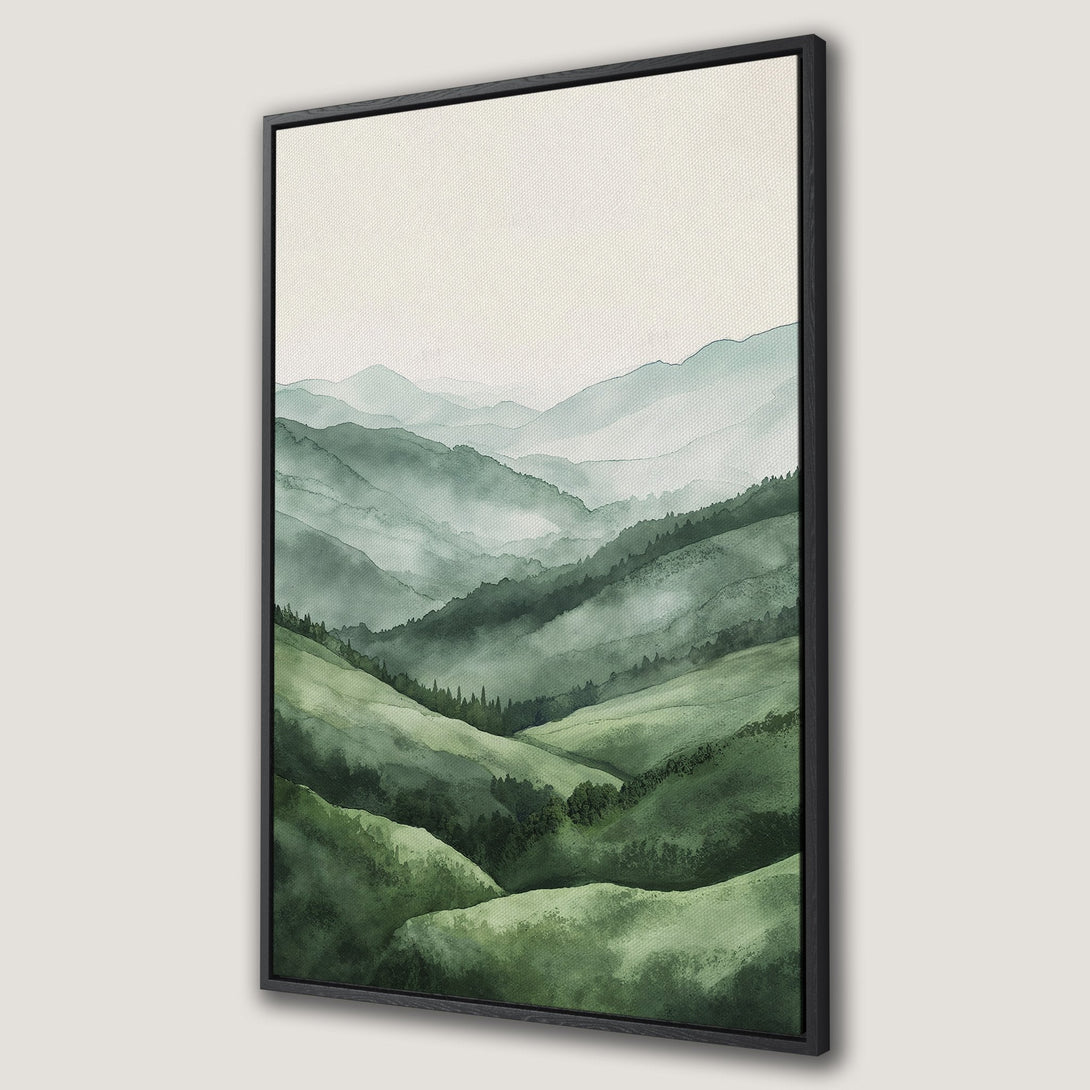 Framed Wall Art featuring watercolor mountain landscape in serene green tones. Bring nature's beauty indoors with this elegant Canvas Print.