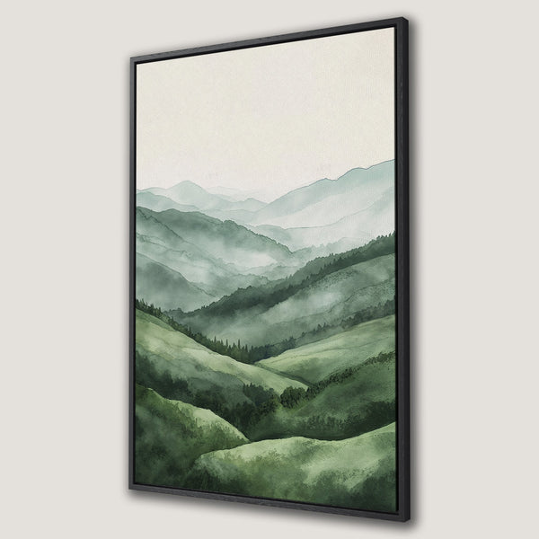 Framed Wall Art featuring watercolor mountain landscape in serene green tones. Bring nature's beauty indoors with this elegant Canvas Print.