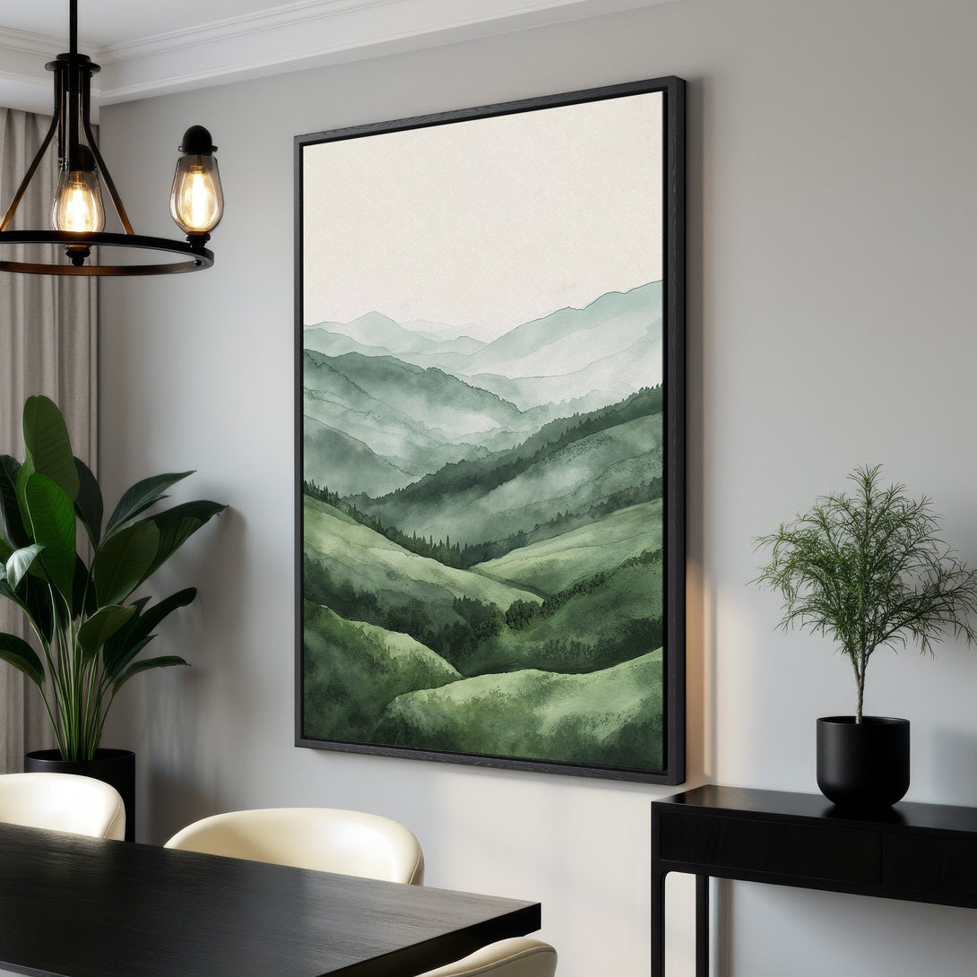 Framed Wall Art featuring a watercolor mountain landscape in shades of green. Modern art for home decor, perfect for adding a touch of nature.