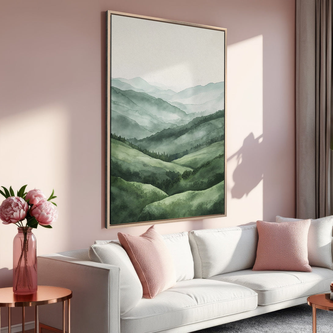 Framed Wall Art featuring a serene watercolor landscape in green hues. Perfect for adding a touch of nature to your home decor.