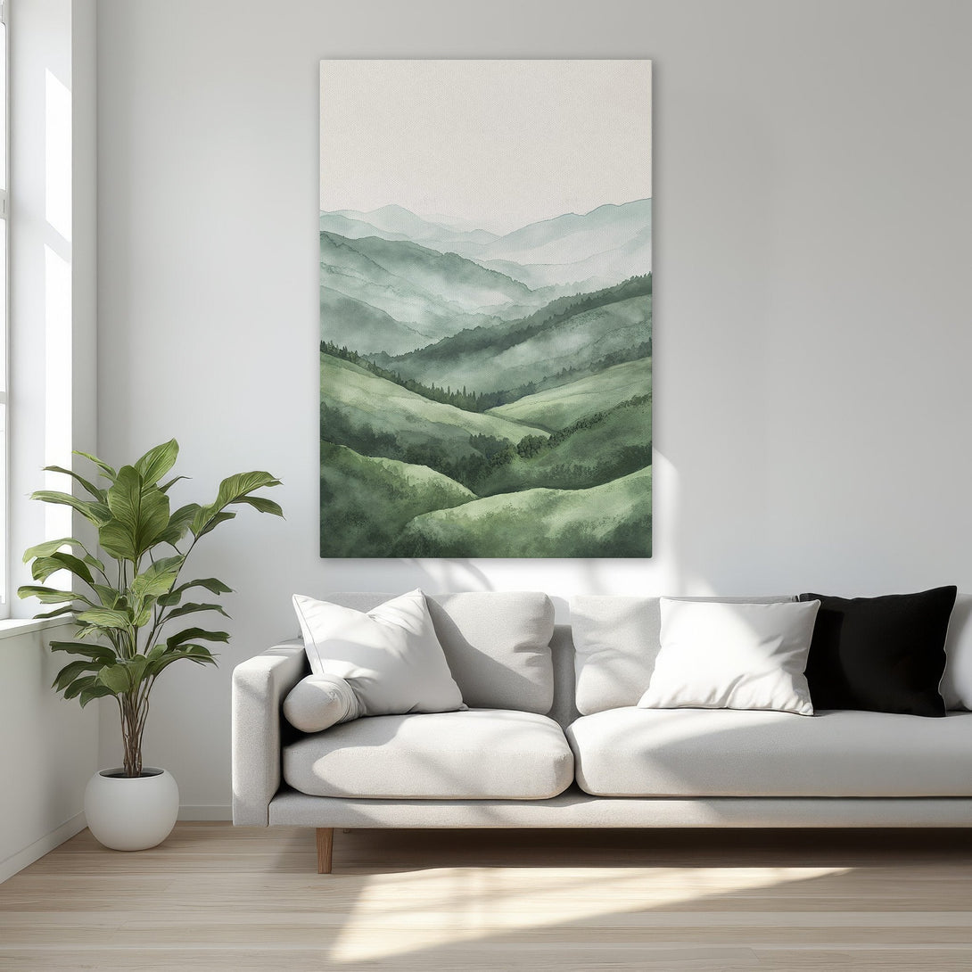 Framed Wall Art featuring a serene watercolor landscape in green hues, perfect for adding a touch of nature-inspired elegance to your home.