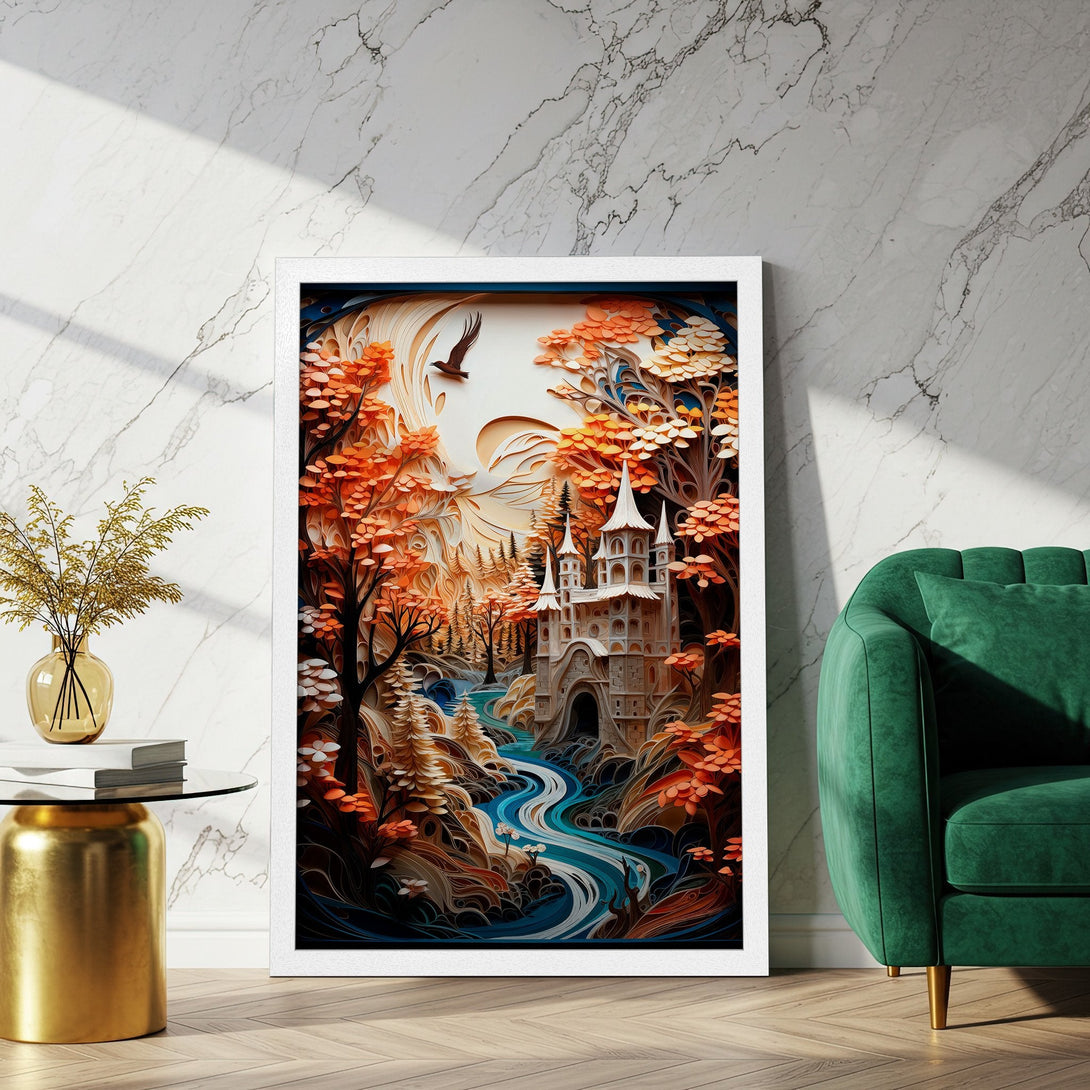 Framed Poster featuring a fantasy landscape in warm orange, brown, and blue tones. Perfect wall art for a cozy home!
