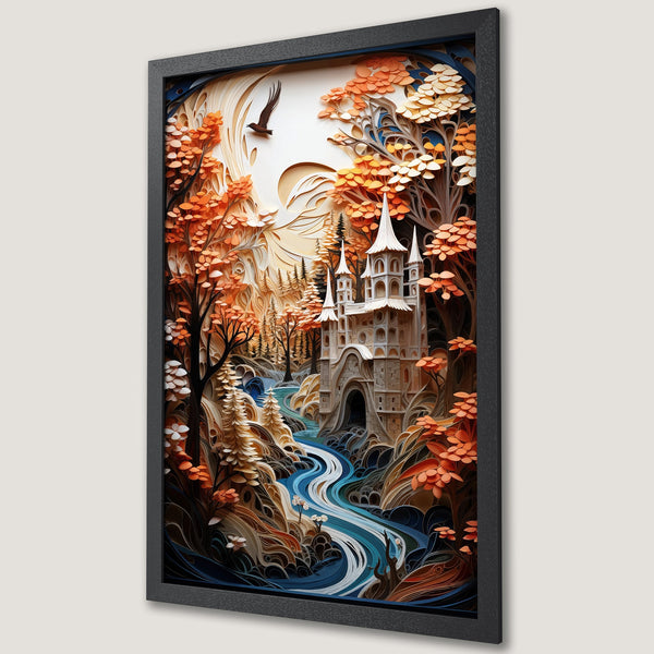 Framed Poster of a fairytale castle in a paper-cut style forest, with warm orange and blue tones. Perfect wall art for your home!