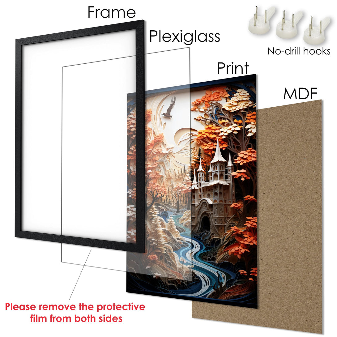 Framed Poster featuring a fantasy landscape in warm orange and blue tones. Artistic style perfect for home decor.