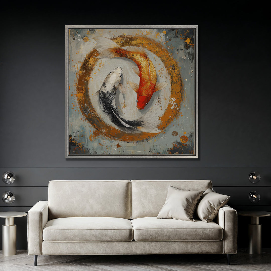 Framed Wall Art: Koi fish painting in abstract style with orange, gray, and gold color palette. Perfect for modern home decor.
