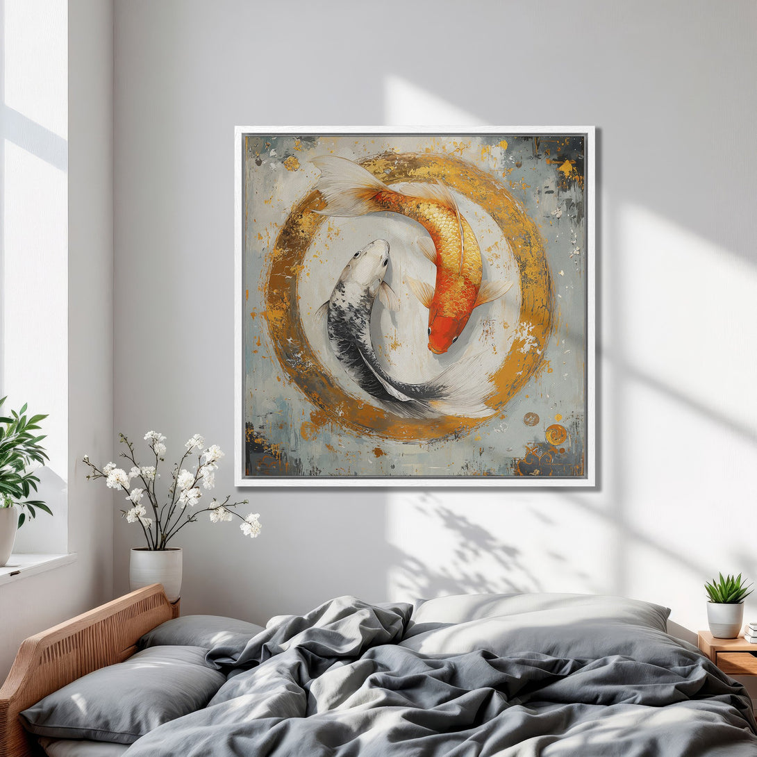 Framed Wall Art: Koi fish painting in gold, gray, and orange. Modern abstract style canvas print adds zen to bedroom decor.