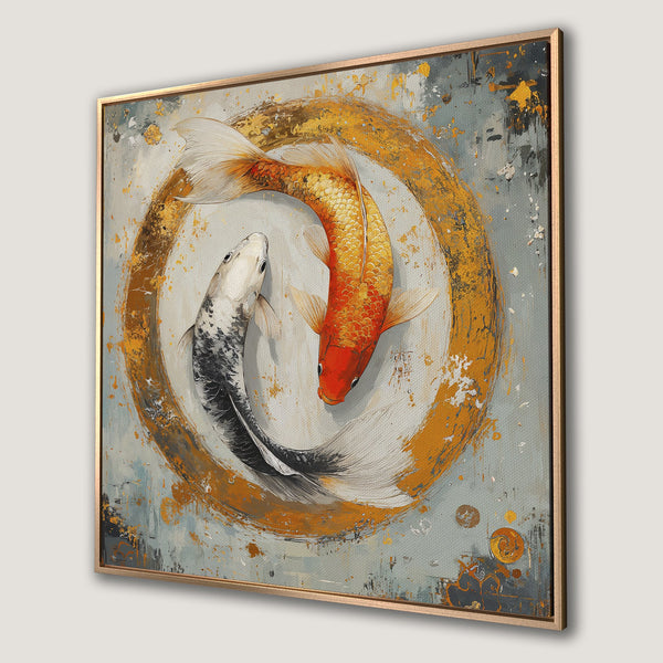 Framed Wall Art: Koi fish painting in abstract style with gold, orange, and gray tones. Perfect for adding a touch of zen to your home decor.