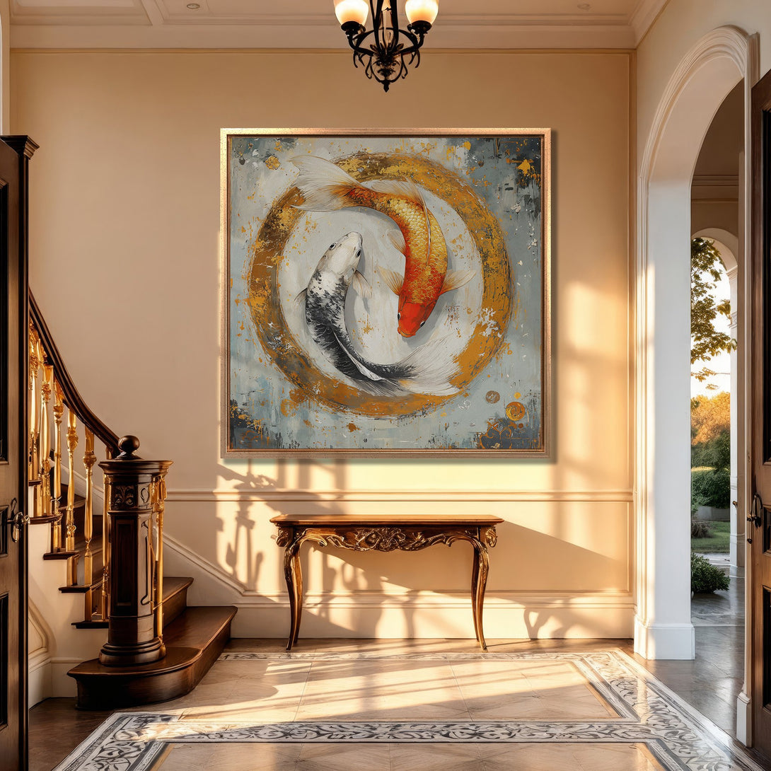 Framed Wall Art: Koi fish painting in a luxurious entryway. Abstract style with gold, white, and orange tones. Perfect for elegant home decor.