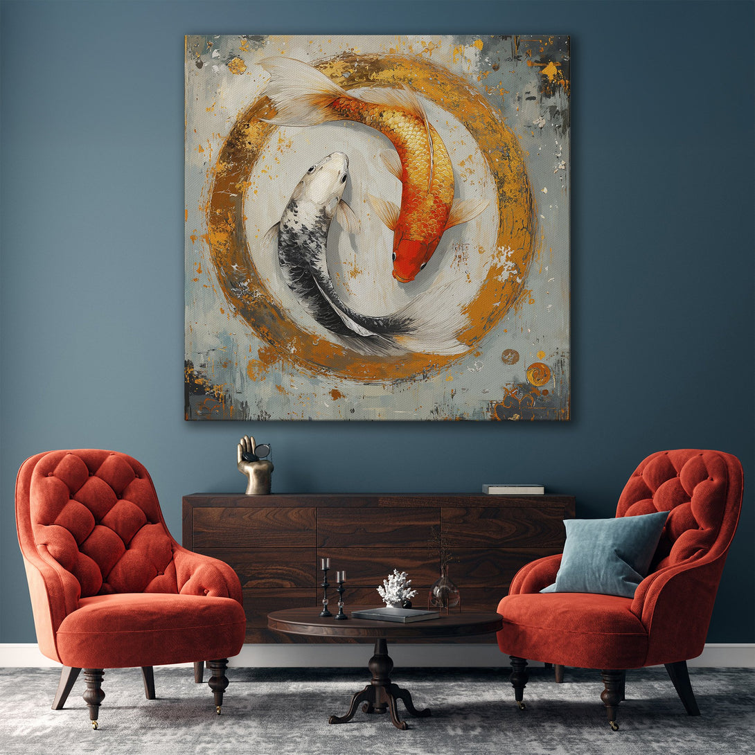 Framed Wall Art featuring koi fish in a modern, abstract style. Gold, orange, and gray color palette, perfect for adding a touch of elegance to any space.