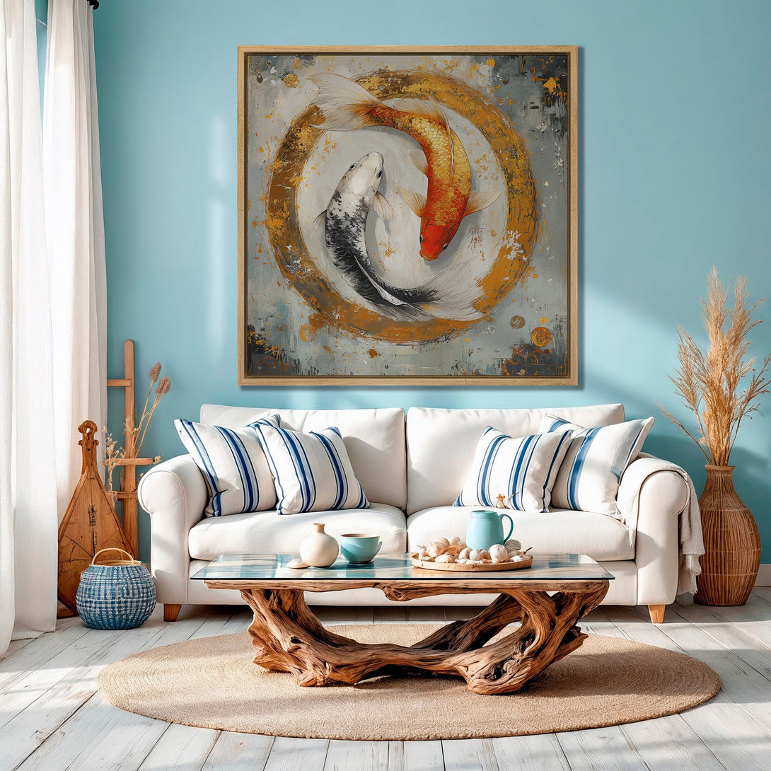 Framed Wall Art featuring koi fish in a modern style with gold and gray accents. Perfect for adding a touch of zen to your home decor!