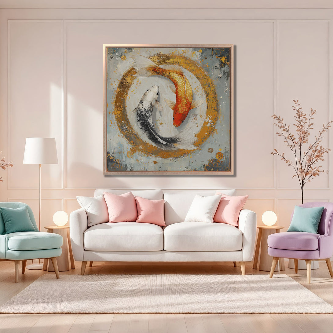 Framed Wall Art: Koi fish painting in gold, gray, and orange. Modern abstract art for living room decor. Adds a touch of elegance to any space.