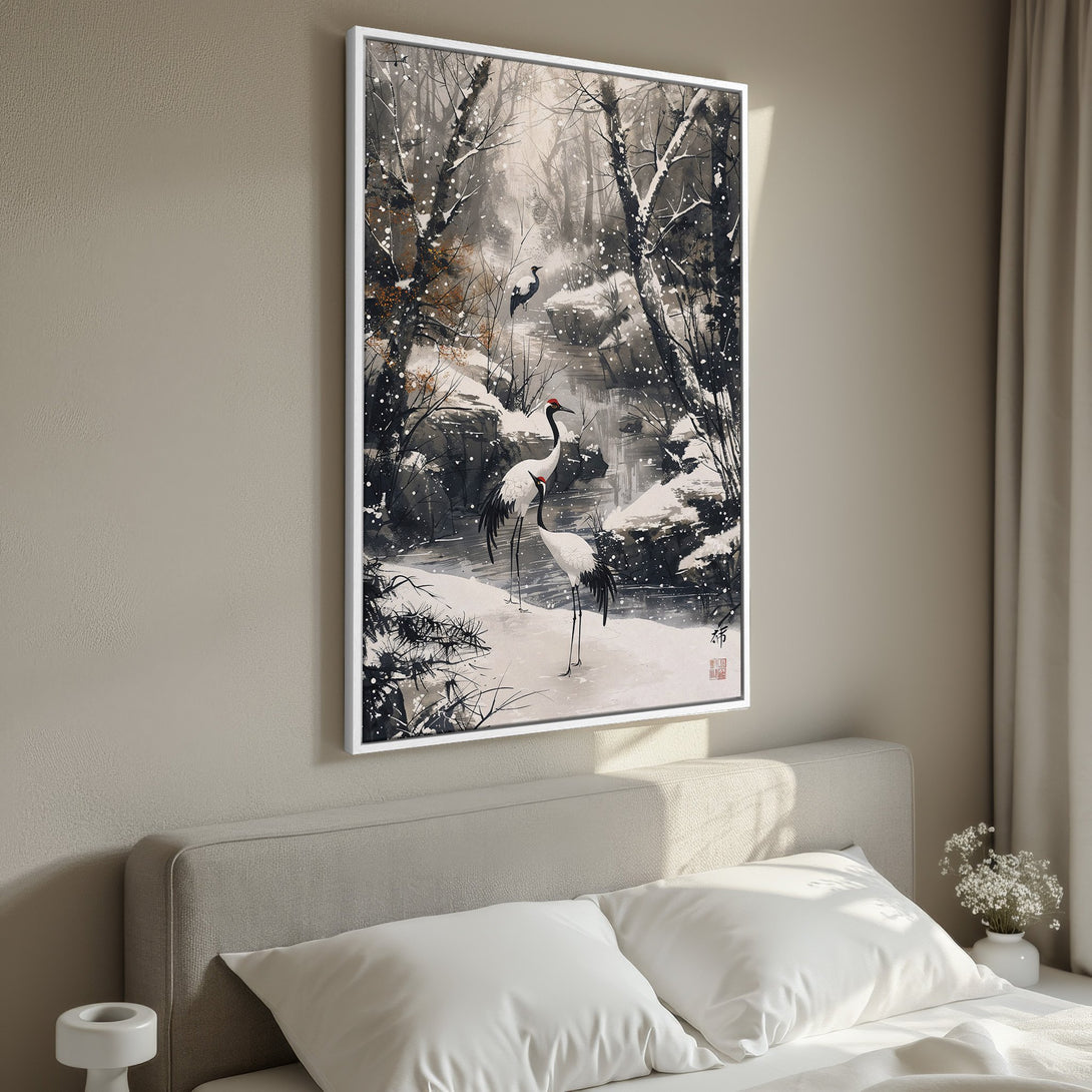 Framed Wall Art: Japanese crane painting in a snowy forest. Neutral color palette with black, white, and red accents. Perfect for adding zen to your bedroom decor.