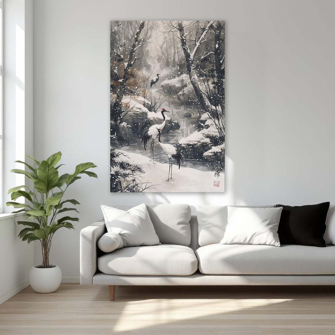 Framed Wall Art featuring a serene winter landscape with cranes. Elegant black, white, and gold color palette. Perfect for adding a touch of zen to your home decor.