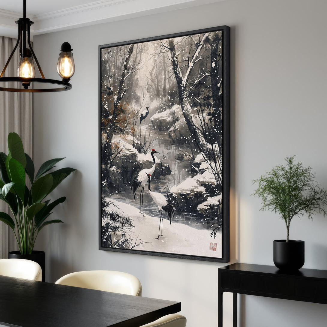 Framed Wall Art: Japanese crane painting in a snowy forest, featuring a monochromatic palette with pops of red. Perfect for adding serene art to your home.