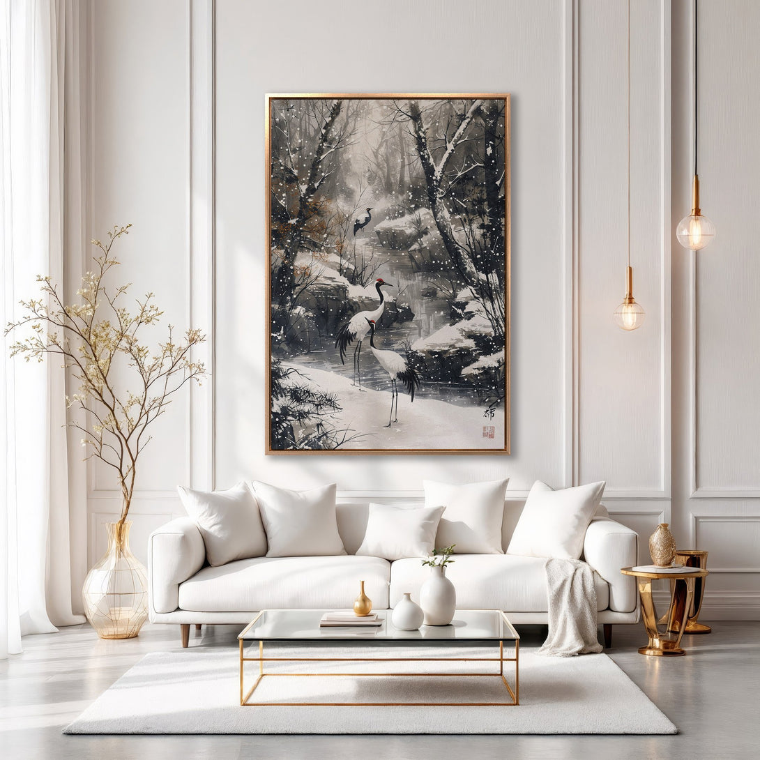 Framed Wall Art of cranes in a snowy forest, serene and elegant. Neutral color palette with gold accents. Perfect for adding a touch of nature to your home.