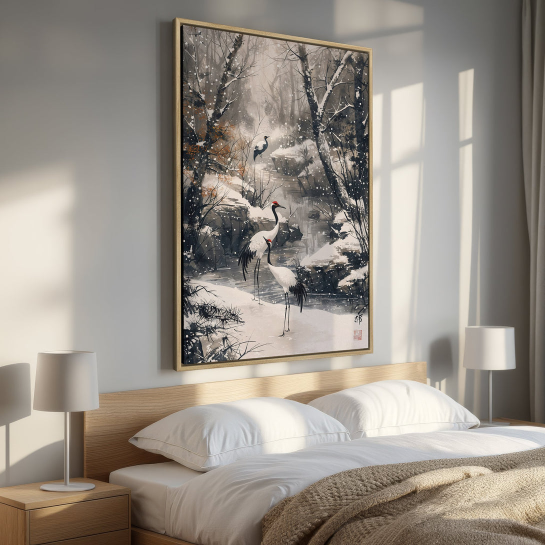 Framed Wall Art Canvas Print of Japanese cranes in a snowy forest, with a serene, muted color palette. Perfect for bedroom decor!