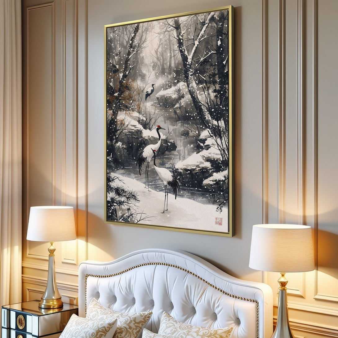Canvas Print of Japanese cranes in a snowy landscape. Serene, minimalist art with a muted grey and white palette. Perfect for modern home decor.