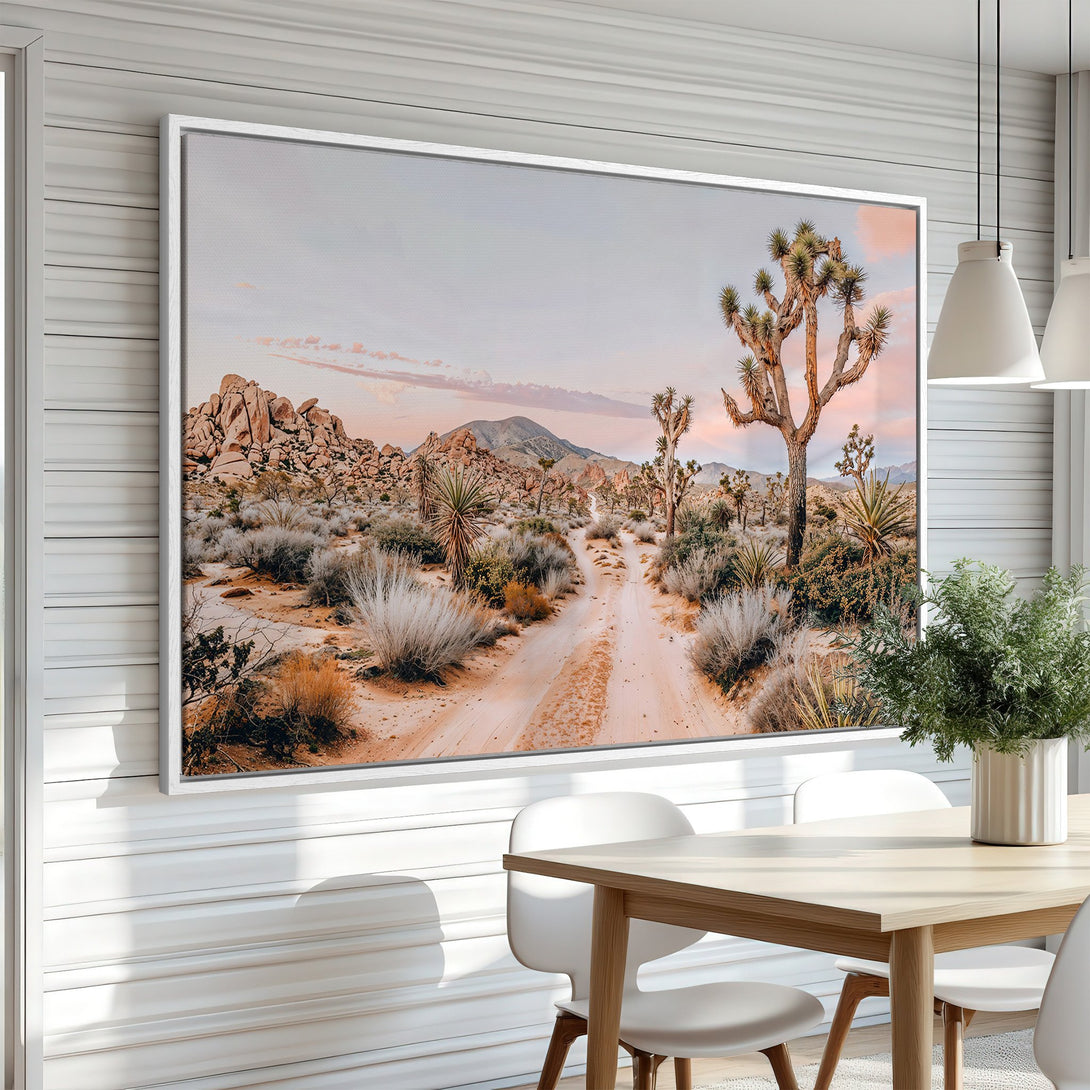Framed Wall Art Canvas Print of a desert landscape in warm, neutral tones. Modern decor with a calming, nature-inspired aesthetic.