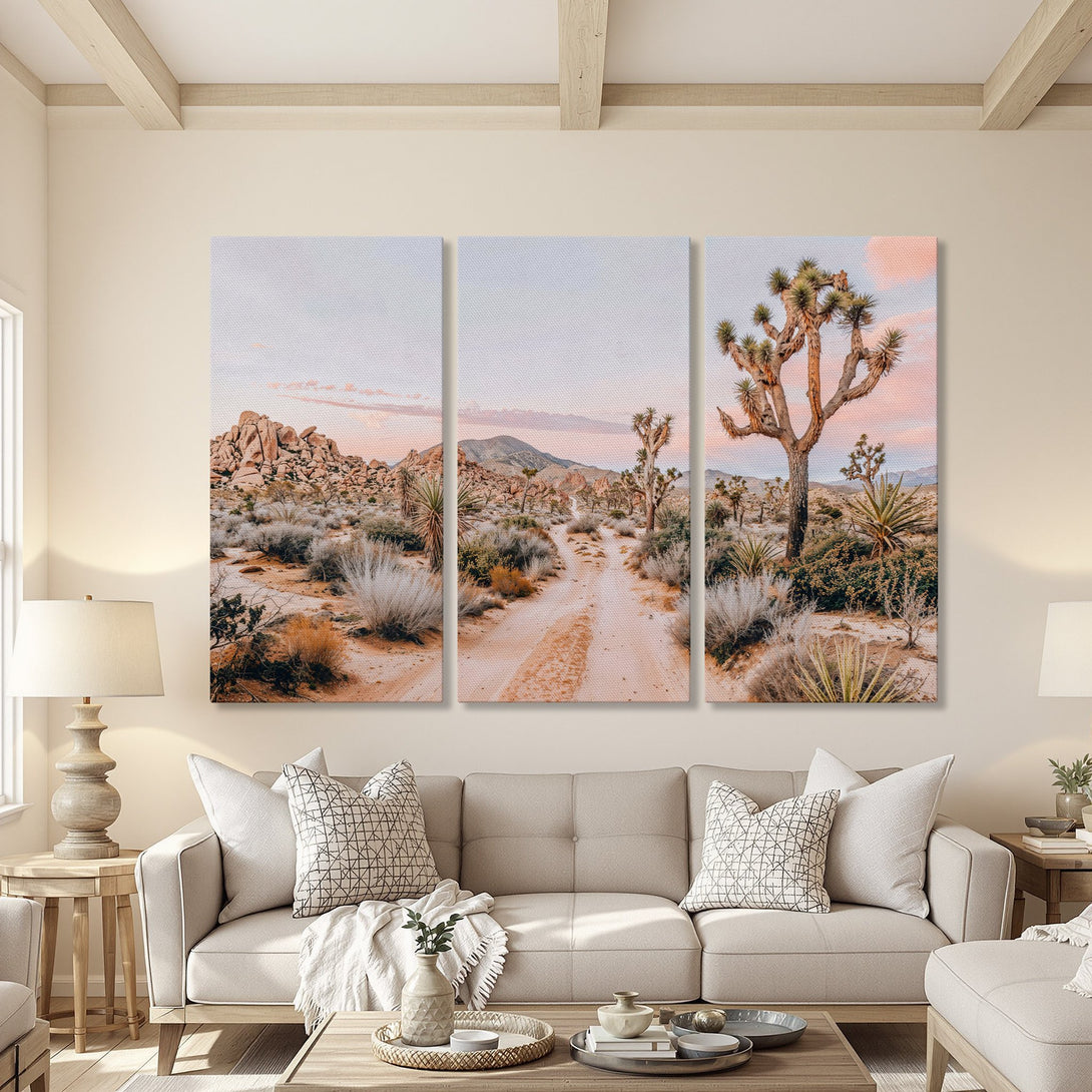 Canvas Print triptych of a desert landscape in warm, neutral tones. Modern wall art featuring a Joshua Tree and a path, perfect for adding a touch of nature.
