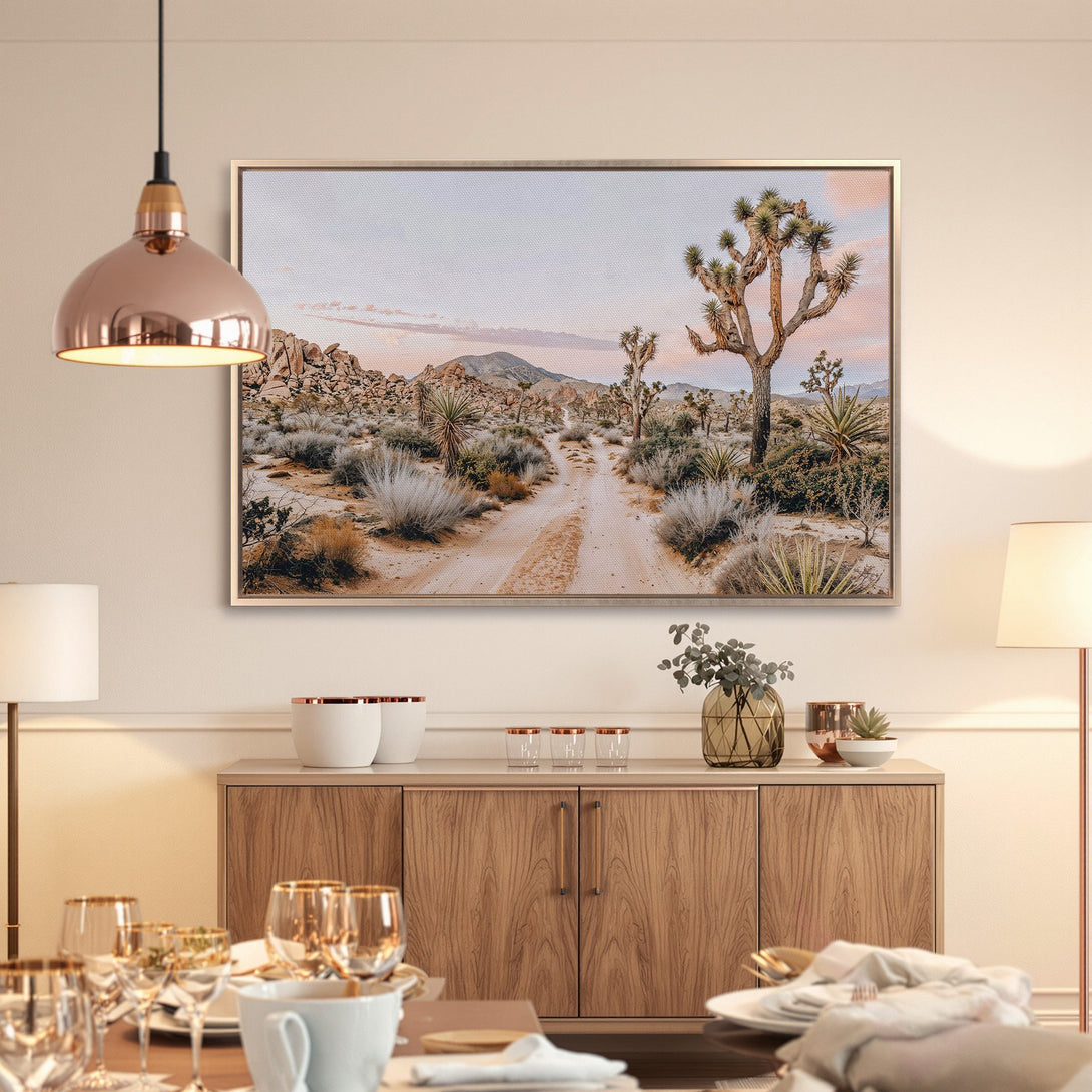 Framed Wall Art: Desert landscape Canvas Print with muted earth tones. Bring the beauty of nature into your home!
