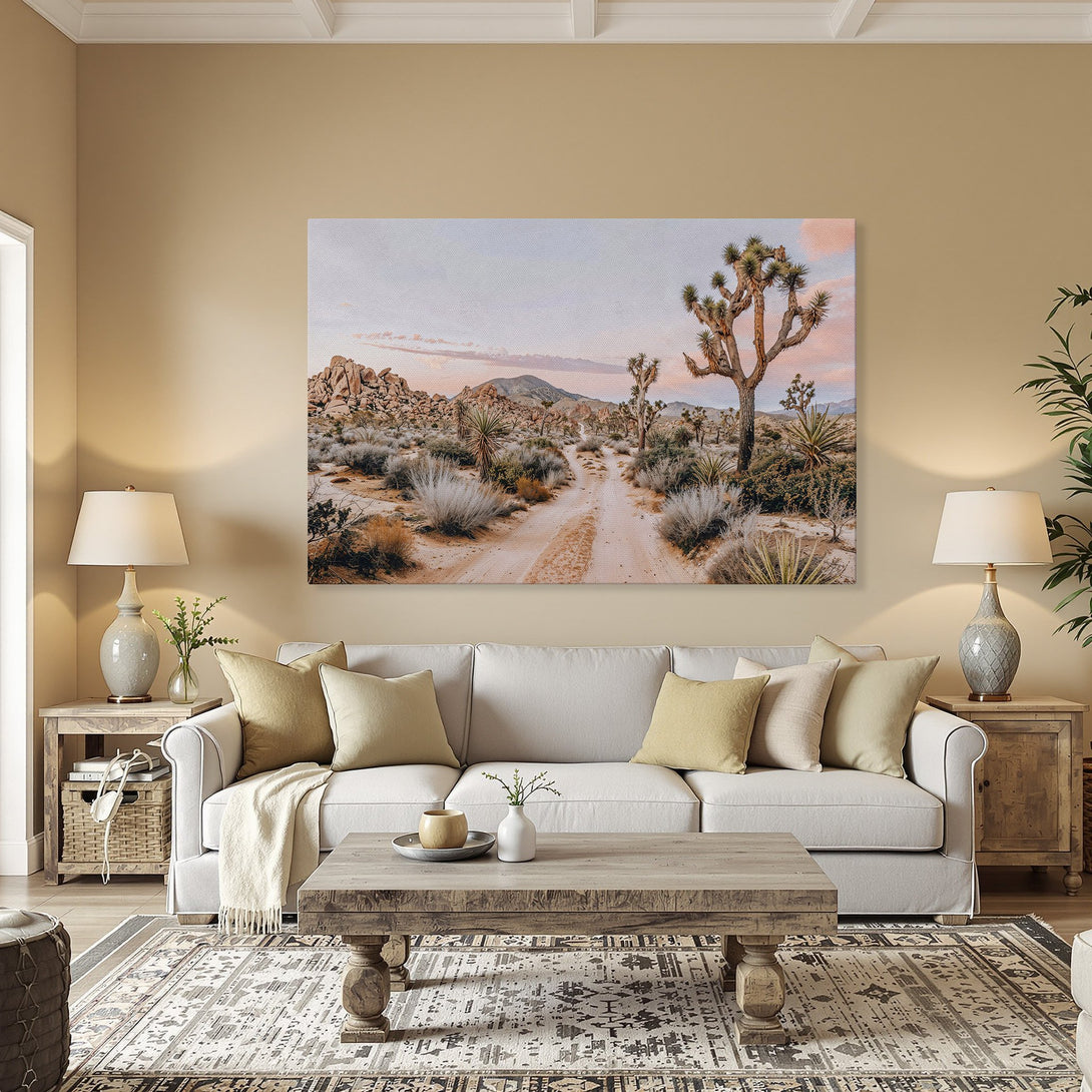 Framed Wall Art: Desert landscape Canvas Print featuring Joshua Trees, warm tones, and a serene, nature-inspired aesthetic for your home decor.