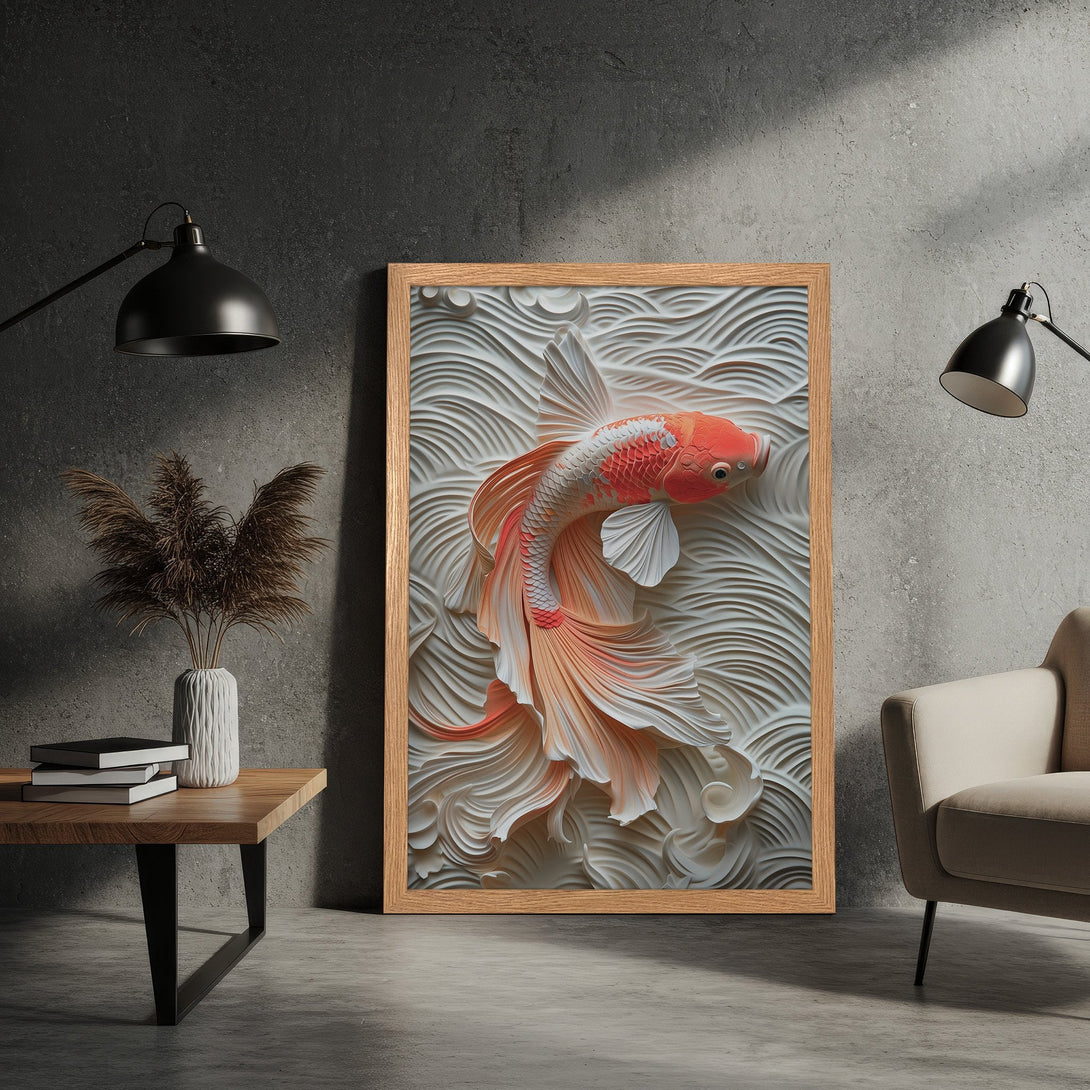 Framed Poster featuring a koi fish art print. Modern style with a neutral and coral color palette. Perfect wall decor.