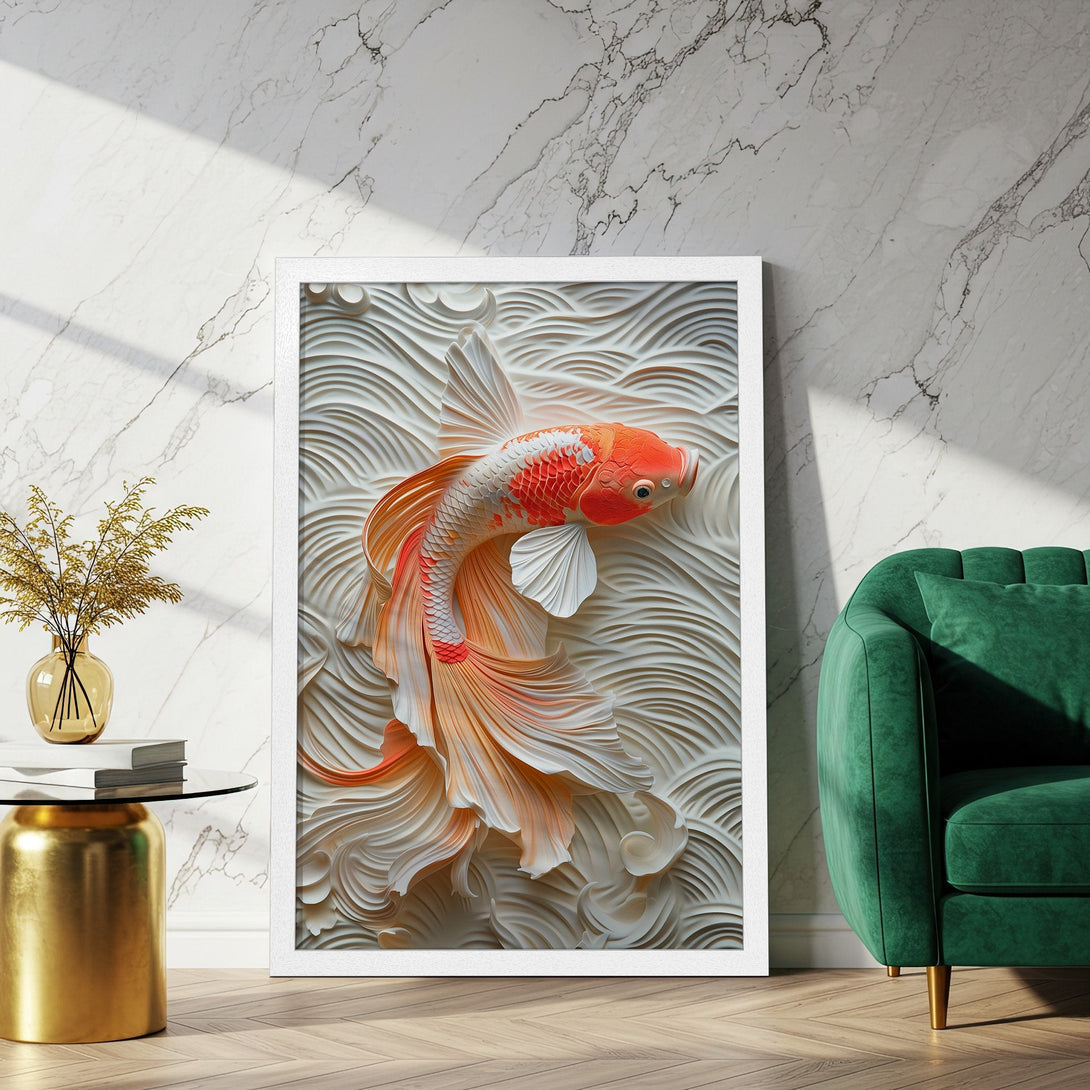 Framed Poster featuring a detailed koi fish artwork in orange and white, set against a textured background. Adds elegance to any space.