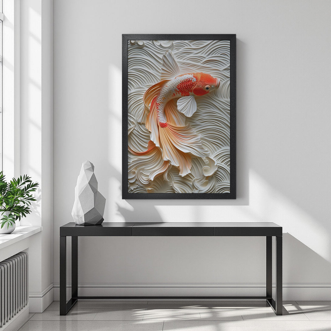 Framed Poster featuring a koi fish in a relief style, with a warm orange and white color palette, perfect for home decor.