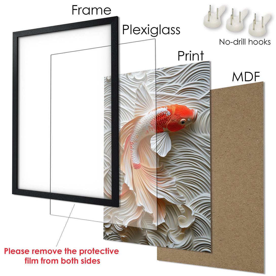 Framed Poster featuring a koi fish in a textured, 3D style. Soft, neutral color palette with pops of orange. Perfect wall art!