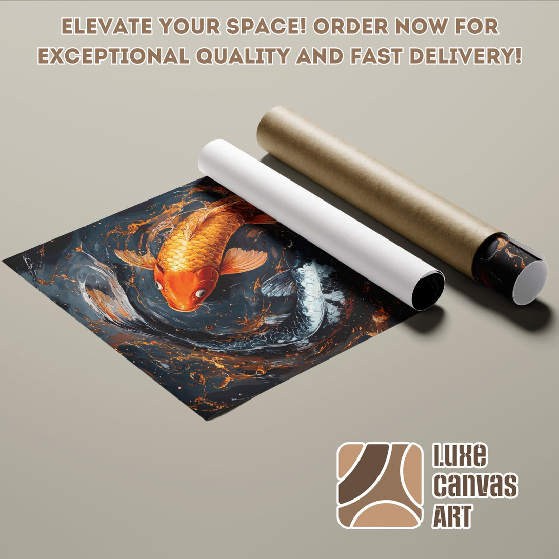 Koi fish art Poster Roll in teal, orange, and white. Perfect wall decor for a modern home.