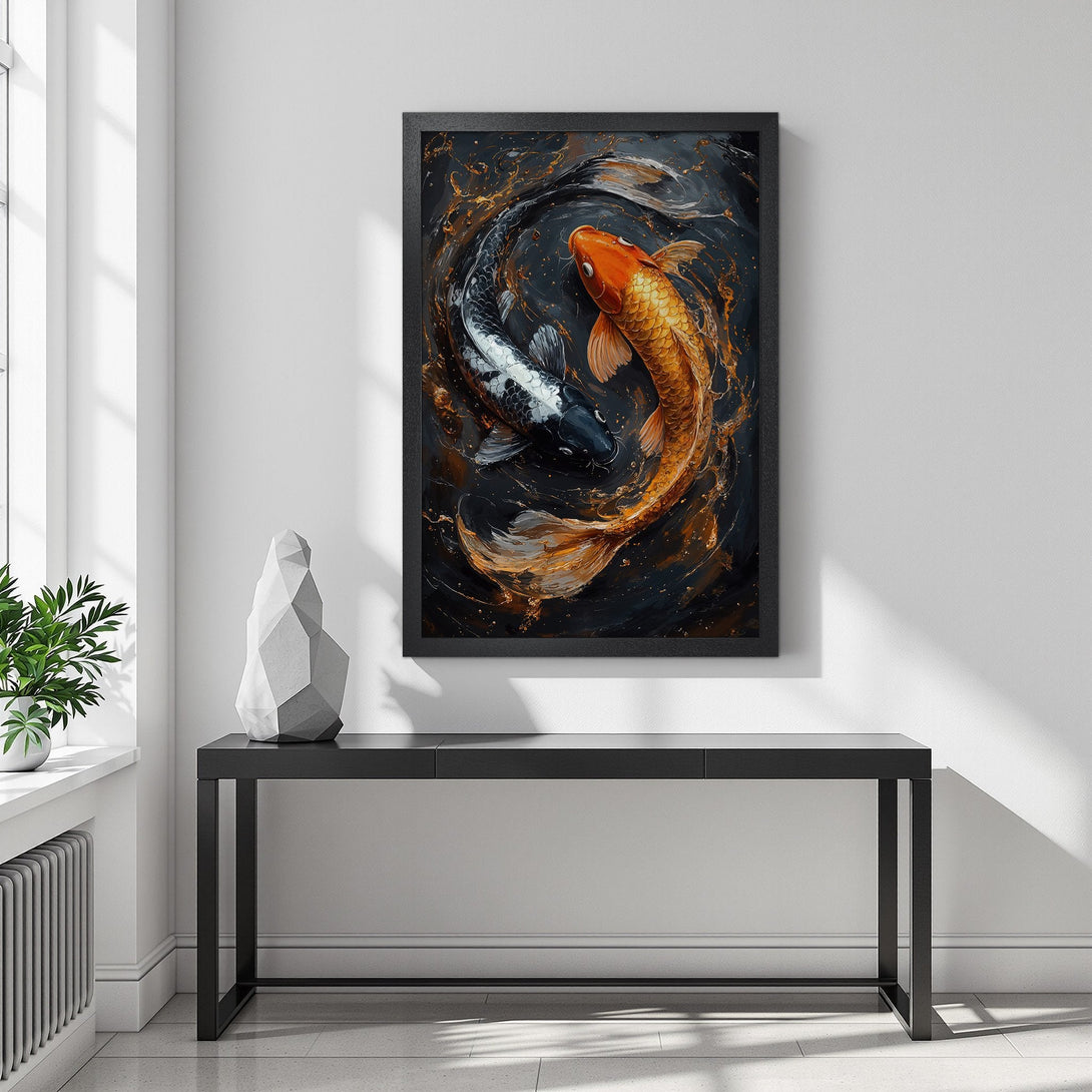 Framed Poster featuring koi fish art in a dark, gold, and black color palette. Add a touch of elegance to your space!